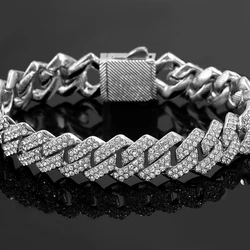 7/8/9inch 14MM Cuban Link Chain Bracelets Women Men Rhinestone Paved Prong Cuban Chain Bracelet Wristband Hip Hop Jewelry