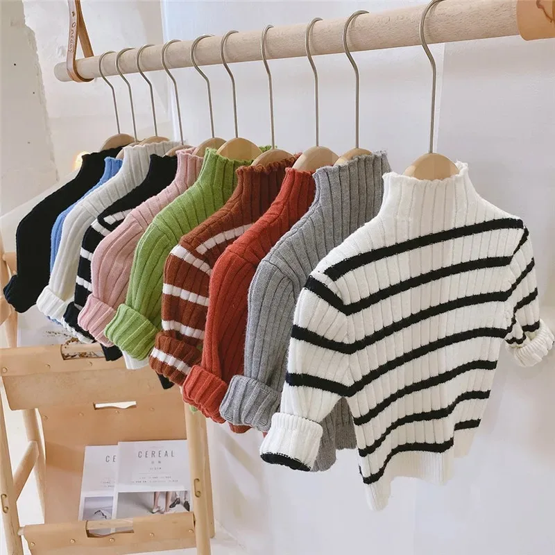 Autumn Winter Kids Sweaters Warm Stripe Solid Color Knit Pullovers Fashion Baby Knitwear Clothing