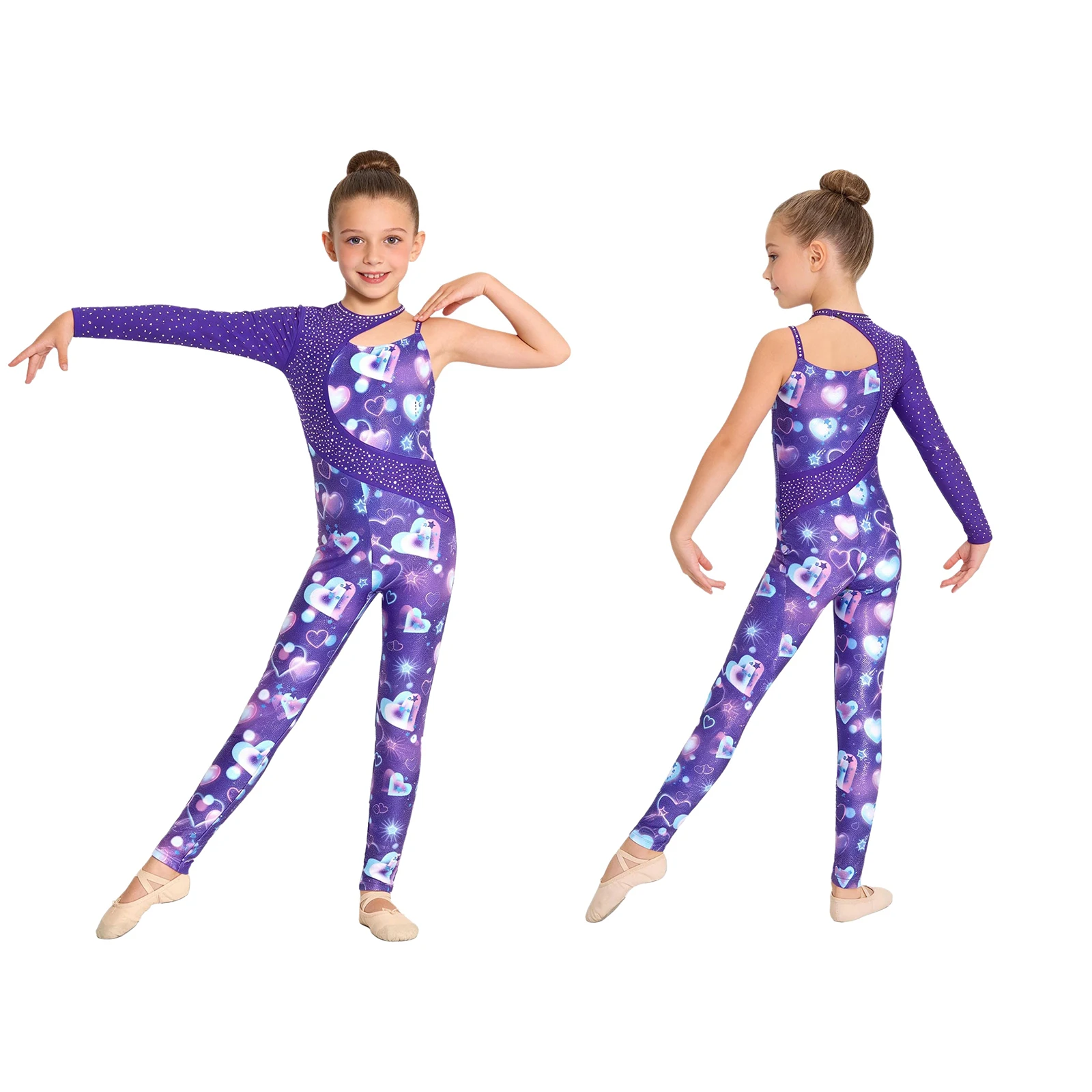 Kids Girls Acrobatics Gymnastics Leotards Figure Skating Tights Single Sleeves Rhinestones Workout Jumpsuit Performance Costume
