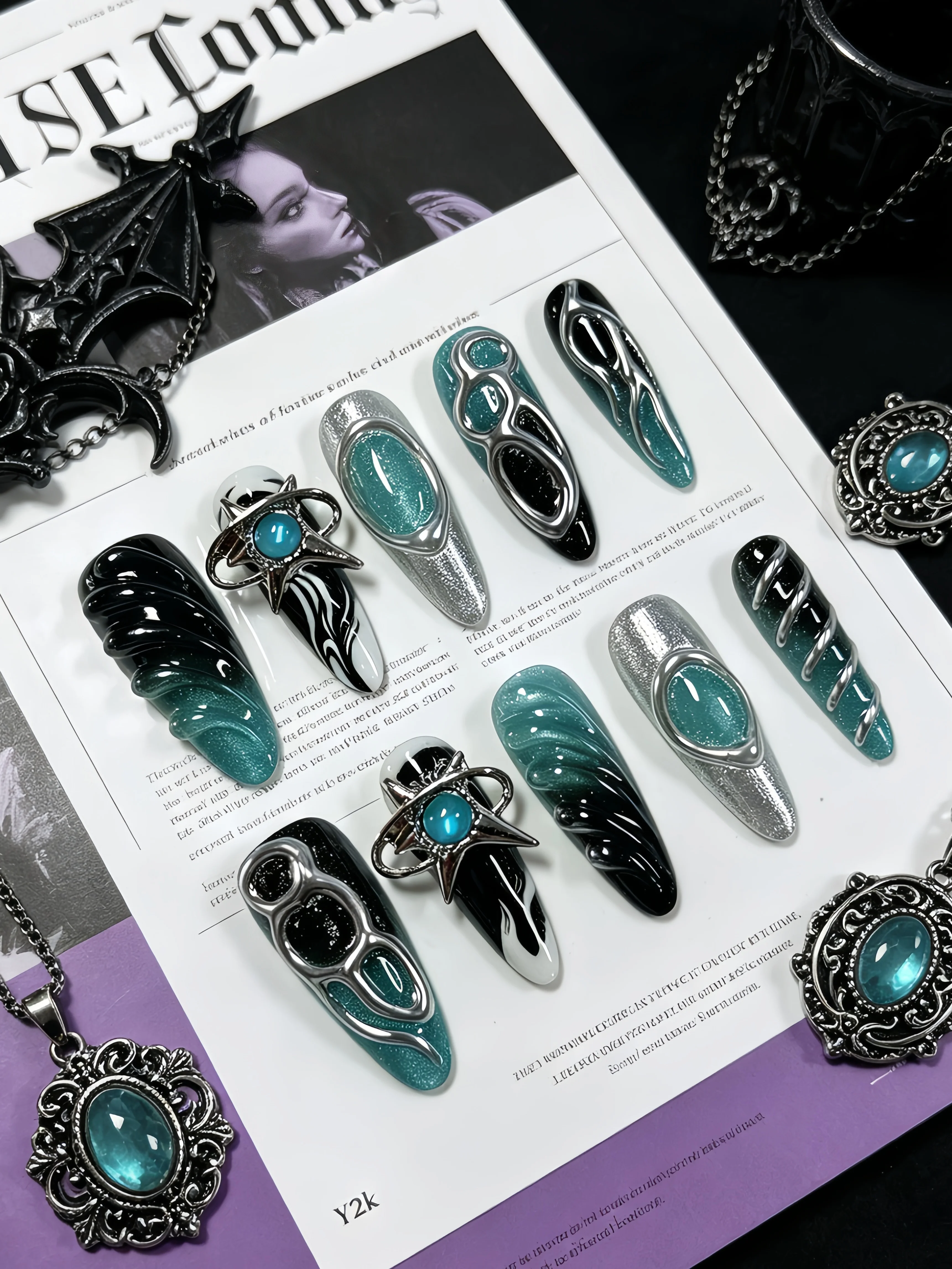 10 Long Waterdrop-Shaped Press-On Nails, Featuring Black and Silver Glitter, Mint Green Color-Blocking, Gradient Nail Art Patches, Integrated with Star Metal Embellishments, Silver Stripes, Wave-Shaped Silver Glitter Accents, Y2K Interstellar Style Nail Art, Suitable for Students, Sweet and Cool Girls, Mature Women, for Daily Outings, Photoshoots, Clubbing, Dates, Birthdays, Music Festivals, Travel, Etc. Press-On Fake Nails, Removable and Reusable Fake Nail Pieces, Come with a Jelly Glue and a Nail File