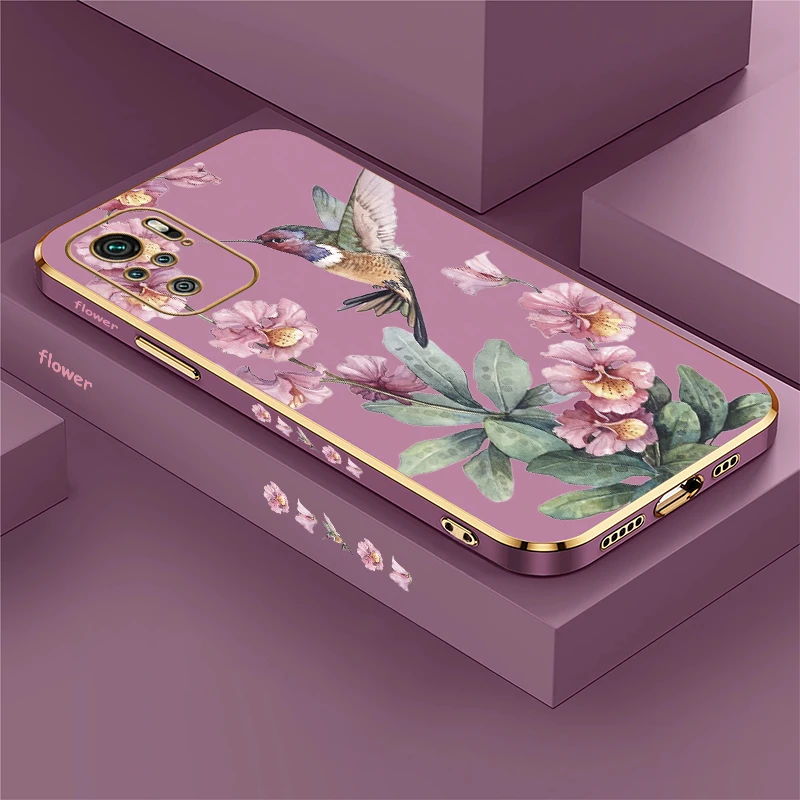 Fashion Floral Case For Xiaomi Redmi Note 7 7S 8 9 Pro Max 9S 9T 10 Pro Max 10S 10 4G 5G 10T 5 Cute Bird Plating Soft Cover