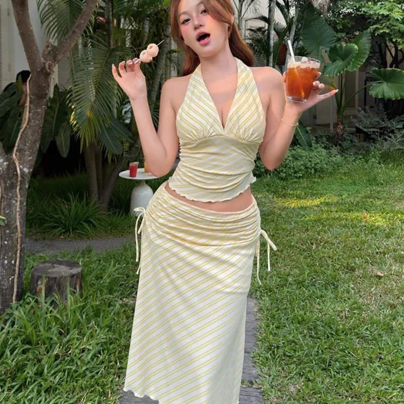 Yellow Striped Halter Neck Top, Midi Skirt Set Women Backless, Ruched Bodycon Two Piece Outfit, Summer Beach Vacation Dress 2026