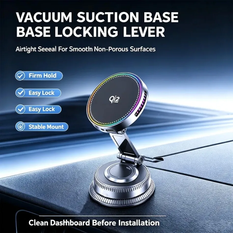 Qi2 25W Magnetic Wireless Charger Vacuum Car Mount Foldable Active Cooling Fan N52 Magnet for Desk Travel Airplane Smartphone