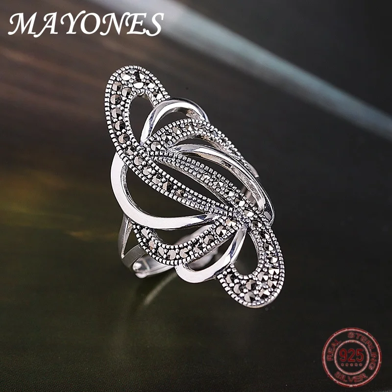 925 Sterling Silver Hollowed Out Maxus Stone Ring For Women Retro And Exaggerated Ethnic Style Jewelry