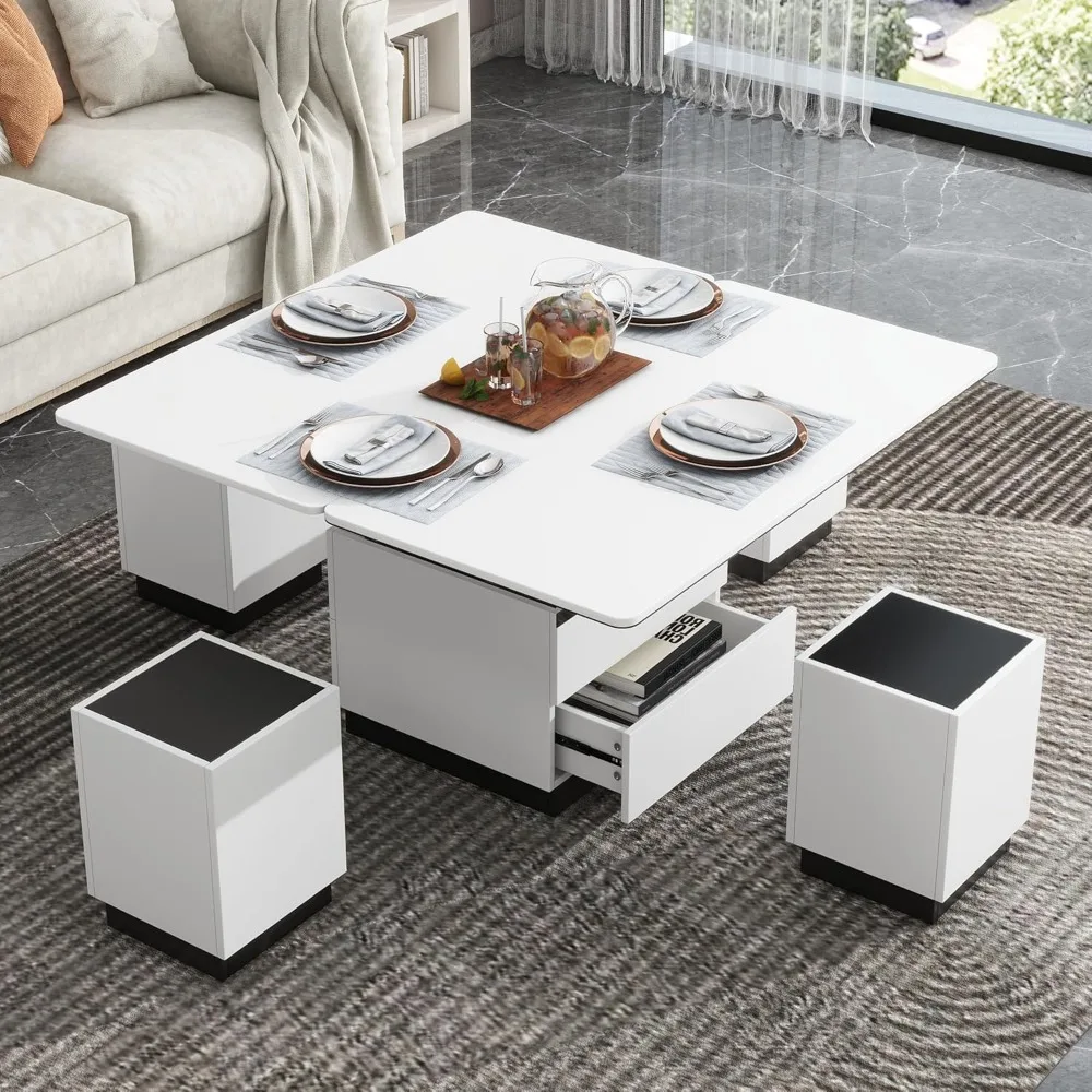 Modern White Lifting Glass Coffee Table, Multifunctional Table with Drawers and Storage