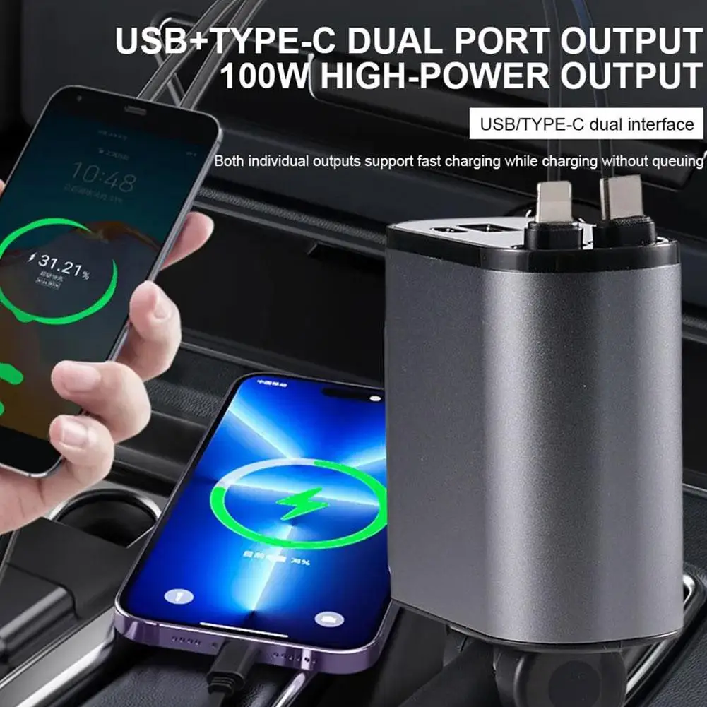 100W 4 IN 1 Retractable Car Charger USB Type C Cable For IPhone Fast Charge Cord Cigarette Lighter Adapter X4W3