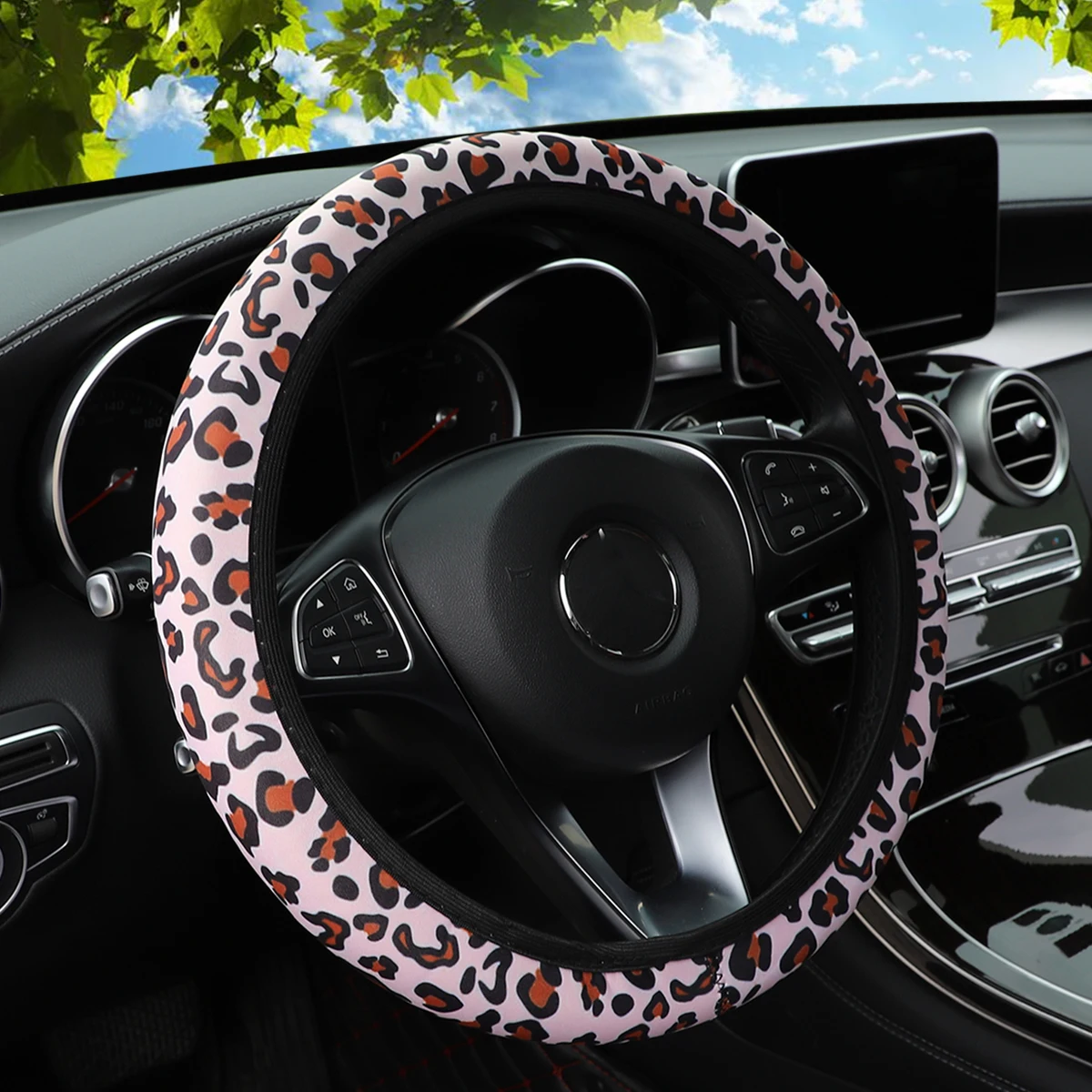 19 Diving material printed fabric car rimless steering wheel cover Christmas camouflage sunflower leopard pattern car decoration - view 6