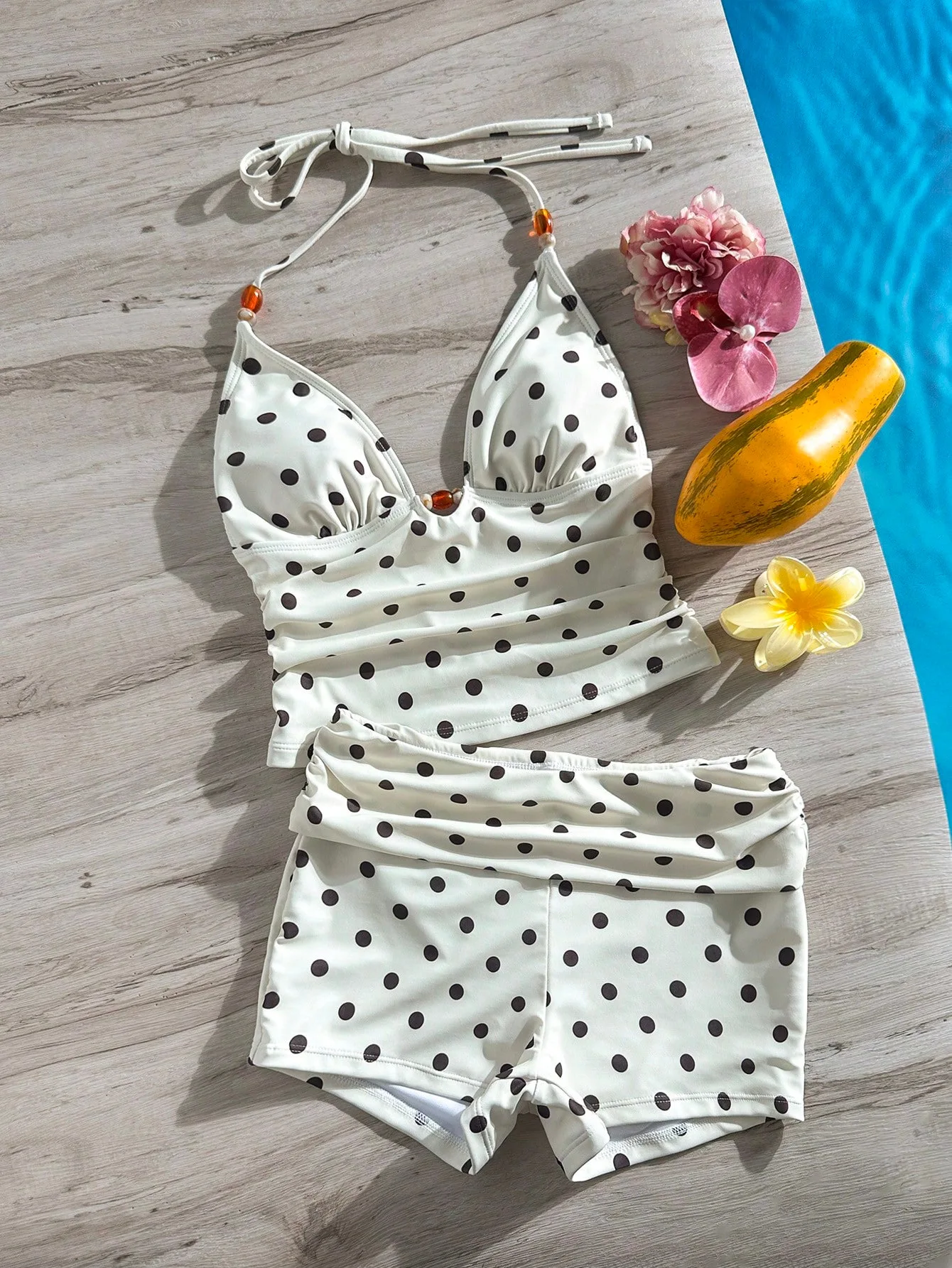 Women 2 Piece Tankini Swimwear Horizontal Stripe Halter Shell Tank Fold Over Waist Boyshort Bikinis Set Summer Beach Swimsuit