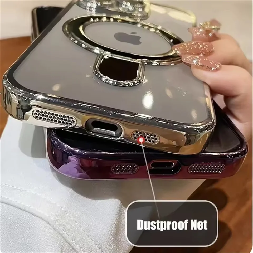 Funda magnética de lujo con soporte para Magsafe para iPhone 16 17 15 14 13 12 11 Pro Max 16 Plus, anillo magnético y acrílico transparente 3