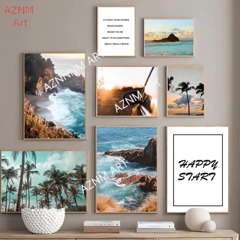 Coastline Sunrise Ocean Beach Canvas Poster Sea Cliff Palm Tree Sky Prints Painting Landscape Picture Living Room Wall Art De