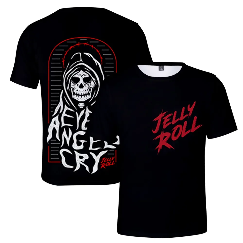 

New Jelly Roll Rapper Merch ANGEL DEMON SKULL HipHop Style Black Red Men Woman 3D Short Sleeves Casual T-shirt Streetwear