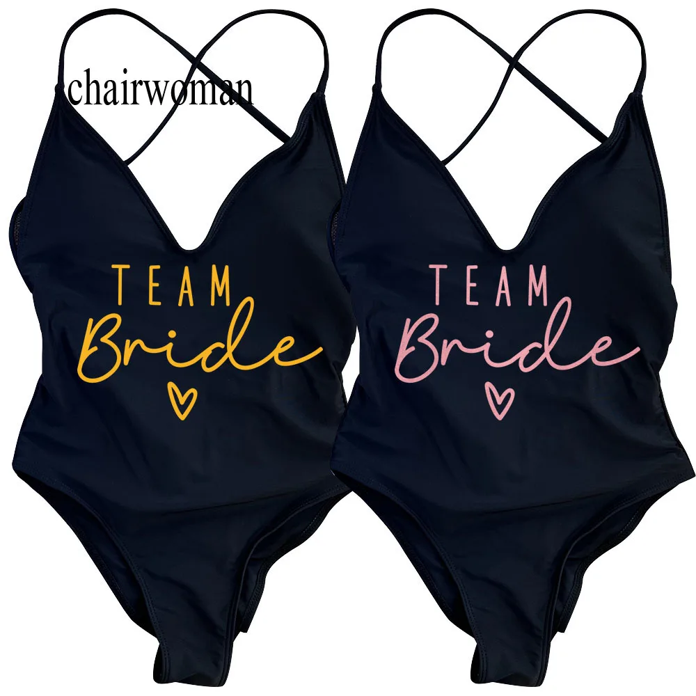 S-XL Team Bride Padded Swimwear Sexy One Piece Party Bridal Swimsuits Women Swimwear Backless Bachelor Bathing Suit Beachwear