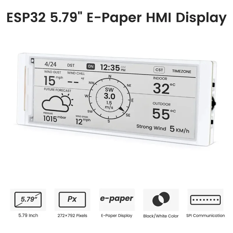 CrowPanel ESP32 5.79inch E-paper HMI Display with 272*792 Resolution Black/White Color Driven By SPI Interface