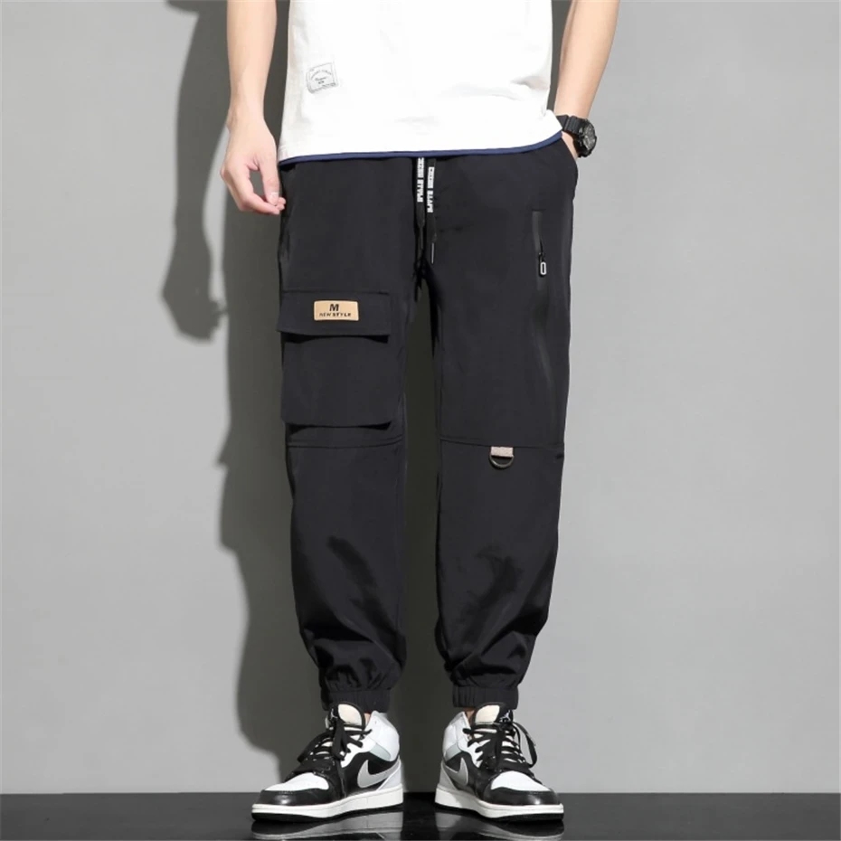 Black Cargo Pants Men Fashion Casual Joggers Sweatpants Male Elastic Waist Trousers Khaki Grey