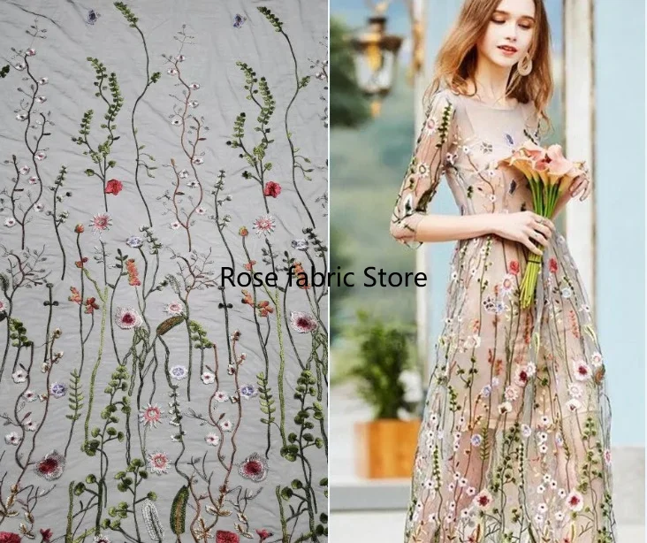 Multicolored floral embroidered lace fabric floral ivory tulle for girl dress wedding dress veil lace 51