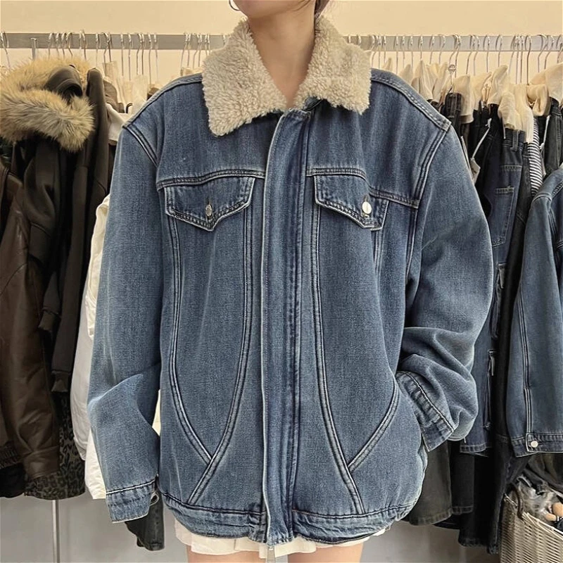 

Denim Coats Moto Biker Jeans for Women Jackets Zipper Pocket Turn Down Collar Long Sleeve Thick Loose Casual 2025 Autumn Winter