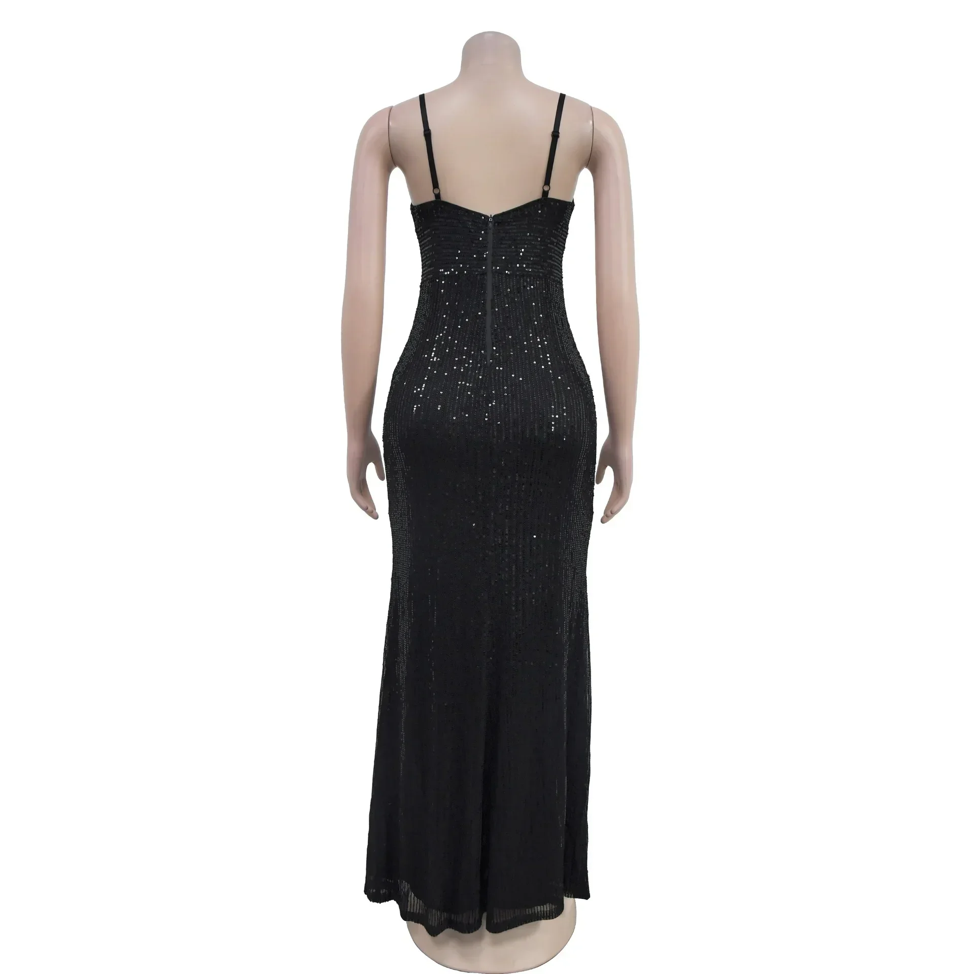 Damen Spaghettiträger-Kleider, Pailletten, hoher Seitenschlitz, schwarz, funkelnd, Geburtstag, Abschlussball, Abend, Cocktail, elegantes Partykleid Xiny331