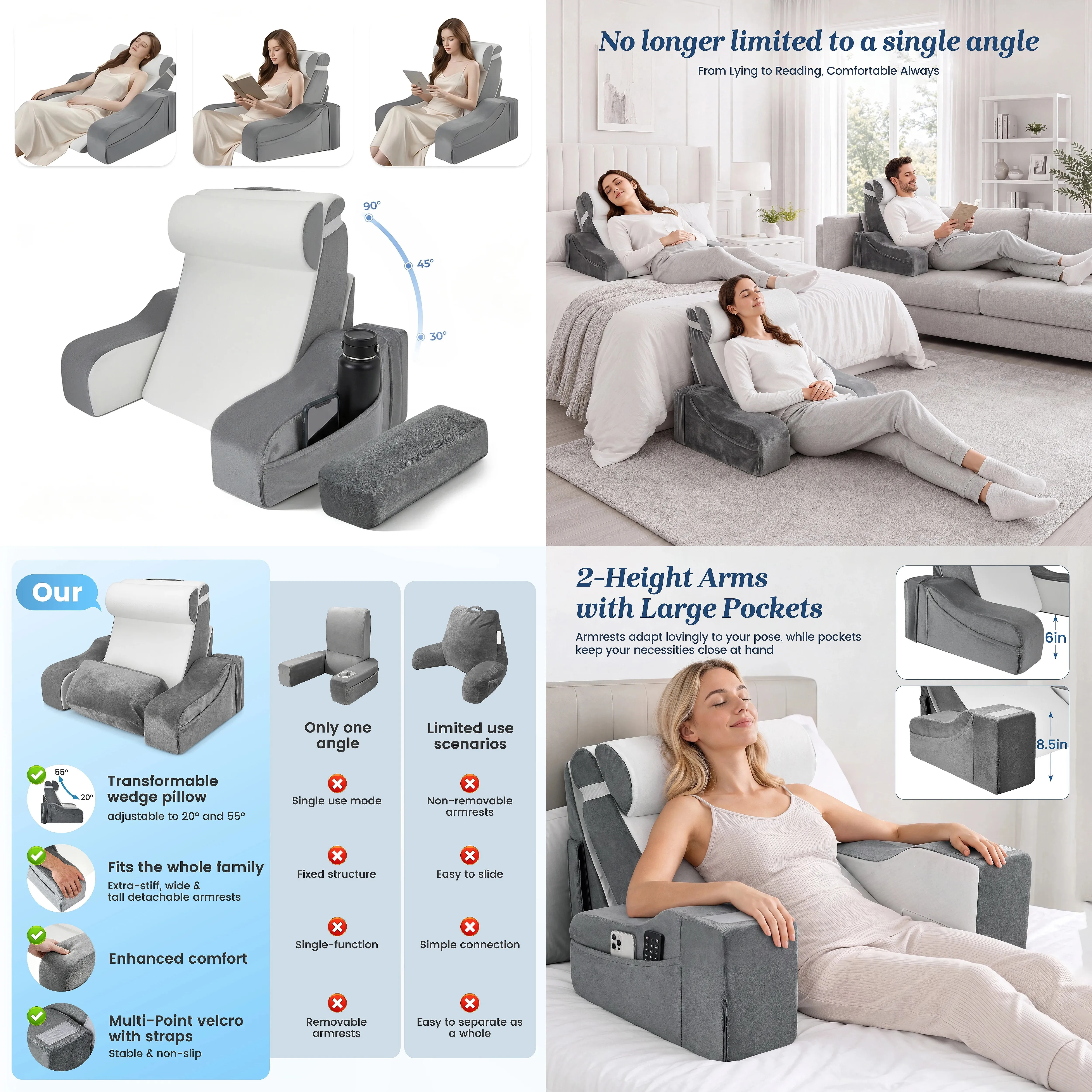 Reading Pillow With 30-90° Adjustable Angle Height, 2 In 1 Back Wedge Pillow For Bed Sitting Up With Detachable Arms Rest