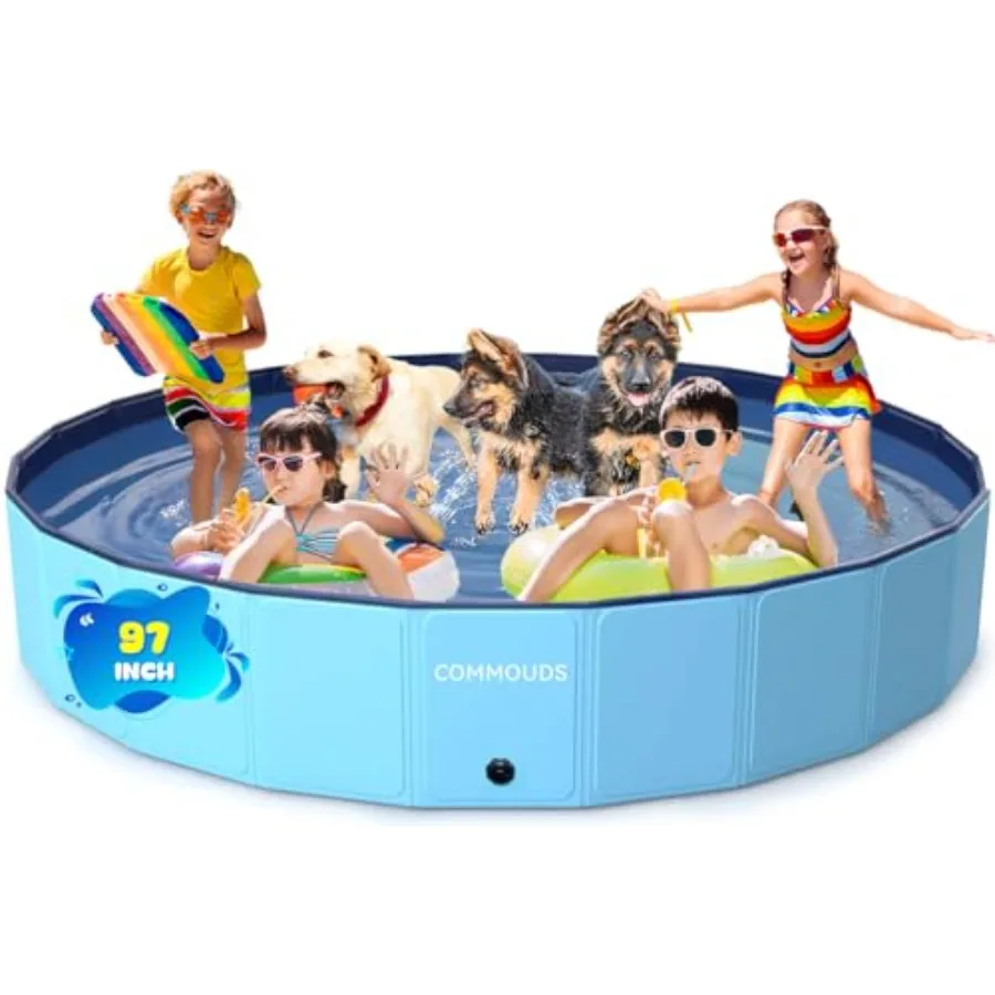 97Inch Extra Large Foldable Dog Pool for Outdoor Use, Hard Plastic Material, Blue Color, Collapsible Portable Design with Reinf