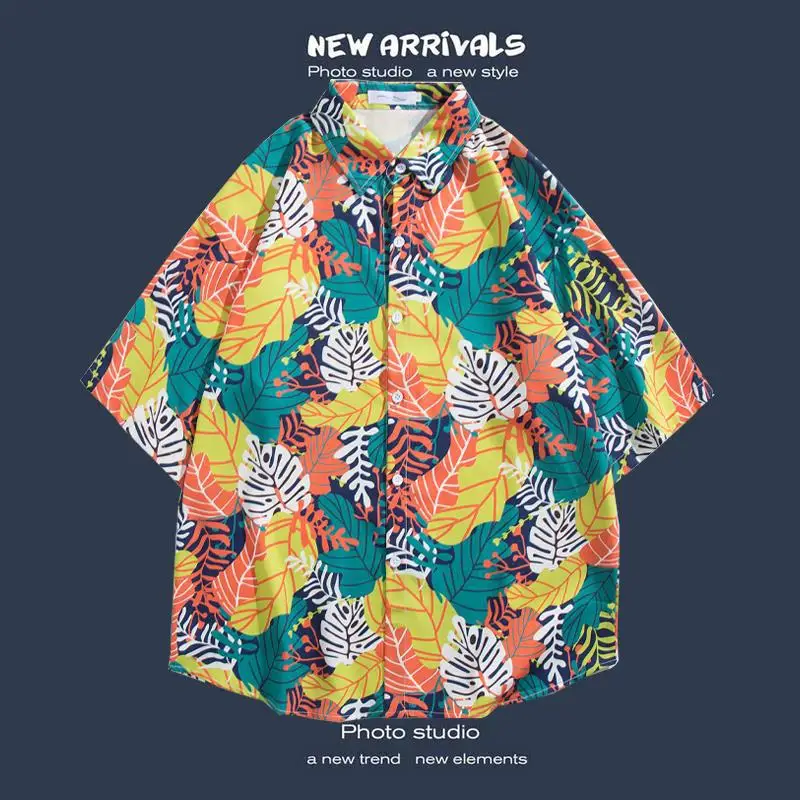 

Men Gradient Tropical Foliage Print Short Sleeve Shirt Loose Button Blouse Trend Style for Seaside Vacation Daily Party Outfits