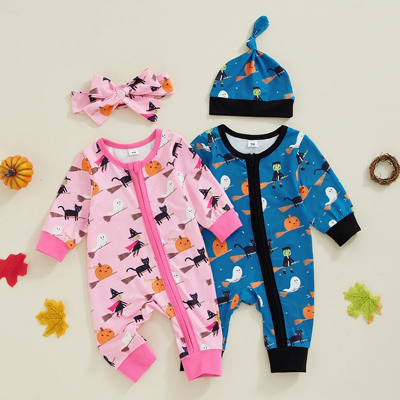 2024-08-02 Lioraitiin Cute Baby Halloween Romper Casual Pumpkin Broom Print Long Sleeve Jumpsuit and Hat for Girl Boy