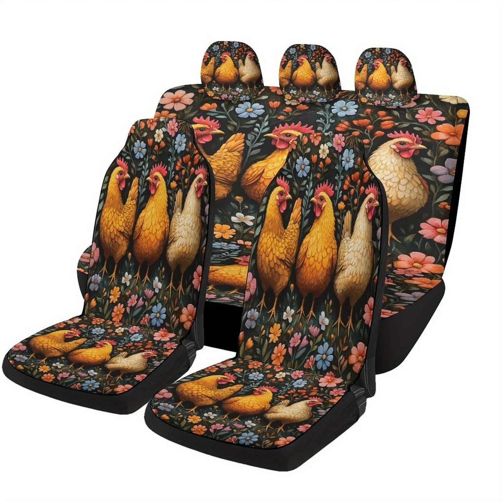 Chickens In Bloom Themed Car Seat Cover Set For Most Cars, Decorative Trendy High-quality Car Seat Protector Covers Full Set, Un