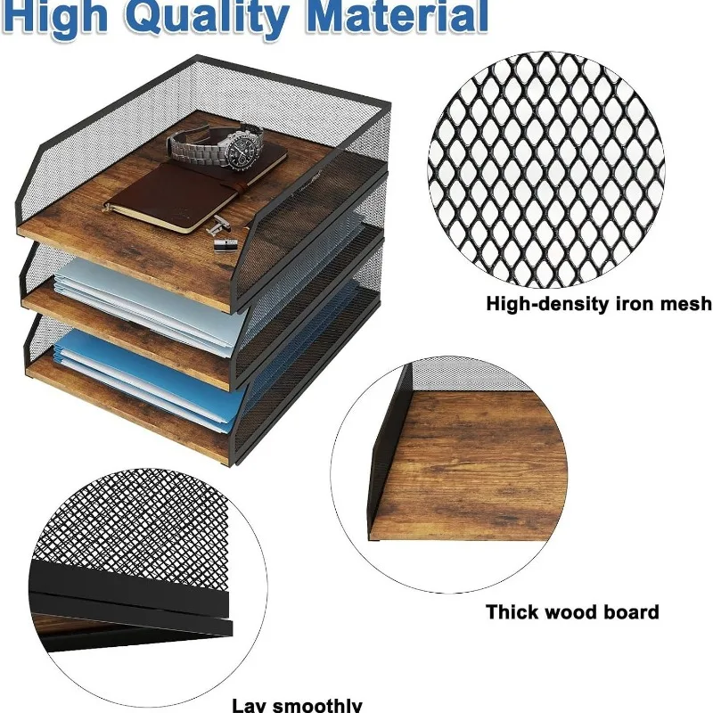 Three-layer retro file rack, metal wrought iron desktop storage A4 data classification, shelf, desk, layered tray