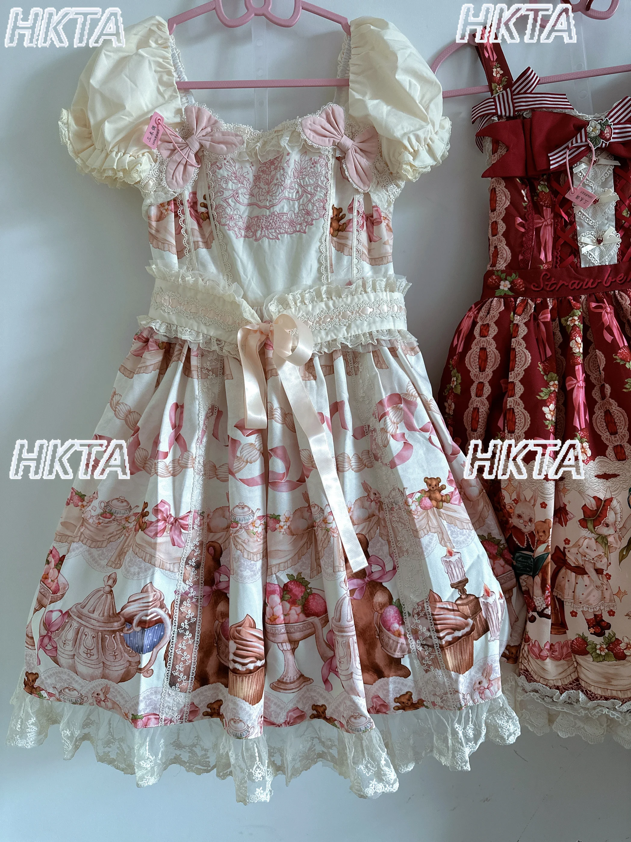 ヴィンテージかわいいカワイイロリータドレス甘いスクエアネックバブル半袖レースステッチリボンプリンセスボールガウンドレス女性