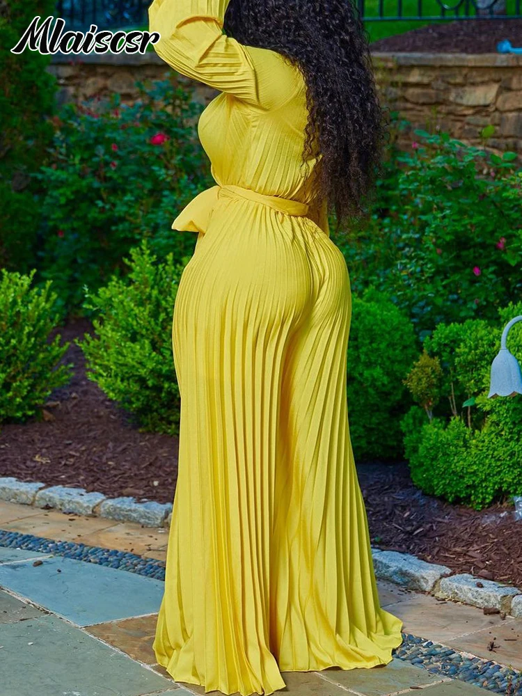 Mlaiscsr Elegant African Loose Jumpsuit for Women Long Sleeved V-Neck Bandage Wide Leg Pants Female Pleated One Pieces Rompers