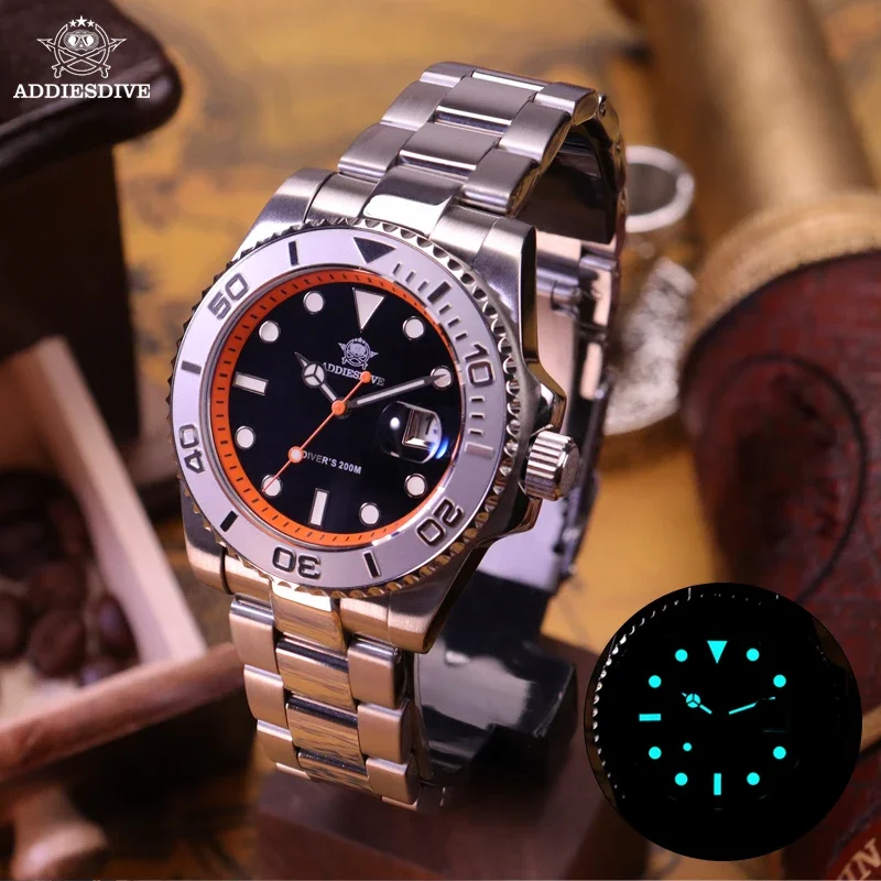 Addiesdive Waterdicht Heren Horloge Classic Bezel Luxe Rvs 200M Duiken Bgw9 Lichtgevende Quartz Horloge Logio Masculino