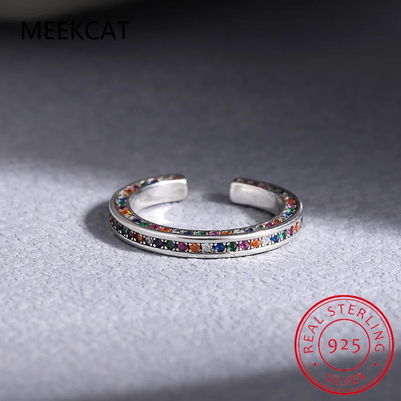 925 Sterling Silver Rainbow CZ Simulated Diamond Stacking Slim Rings Fashion Bands For Women Korea Style Fine Jewelry RHR1249