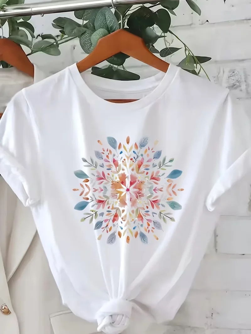 Vintage Mandala Floral Graphic T-Shirt, Boho Casual Crew Neck Tee,Spring Summer Top for Women, Mother's Day & Birthday Gift