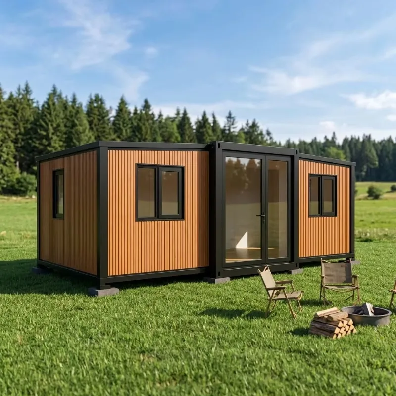 20ft 40ft Double Wing Expandable Container House Steel Structure Wood Grain Siding Large Windows Garden Studio Cabin