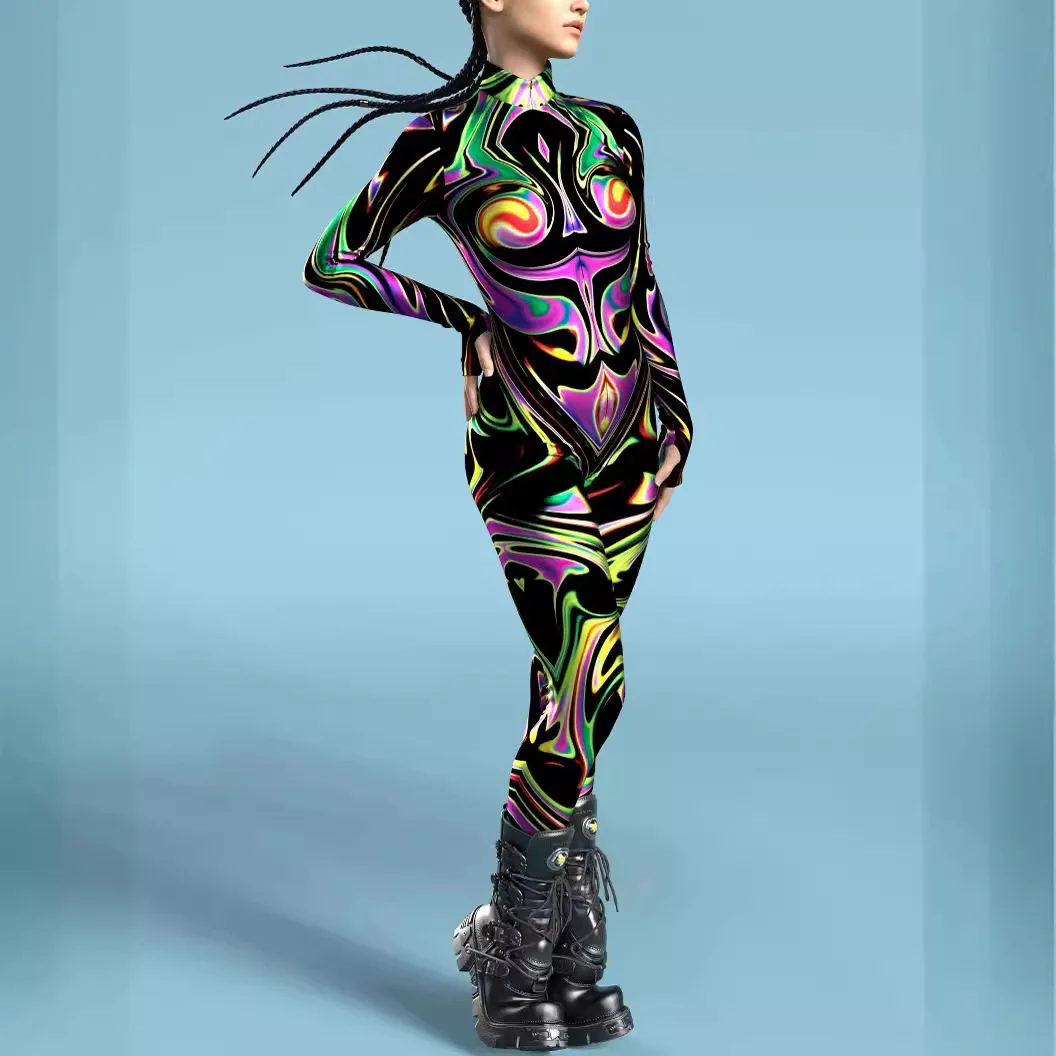 NEW Women Bodysuit Cosplay Fashion 3D Printing Zentai Skinny Long Sleeve Slim Jumpsuit Outfit Halloween Catsuit for Adult Men