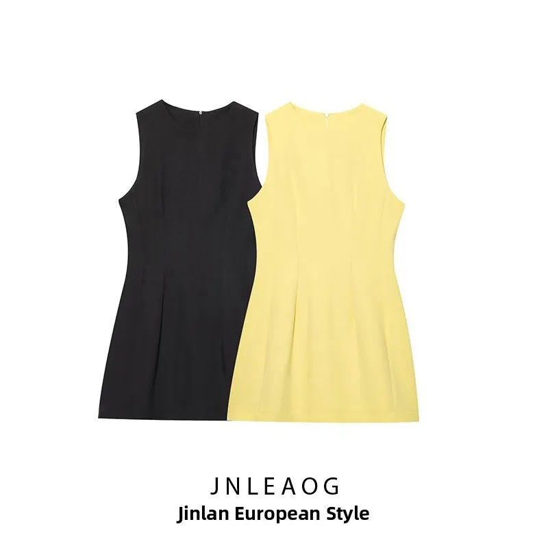 Vestido Curto Fuzzy F Novo de Outono Estilo Casual Cor Pura Saia em A Fibra de Poliéster Sem Mangas Gola Redonda com Z...