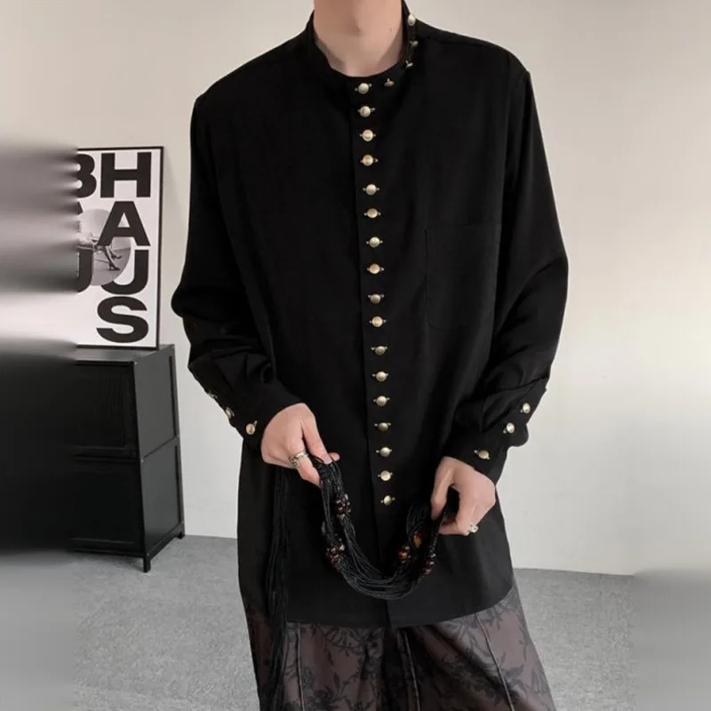 WVGA Autumn New Men Chinese Style Gold Button Design Trendy Long Sleeve Shirt Loose Mid-Length Niche Chic Casual Tops Ins W26920