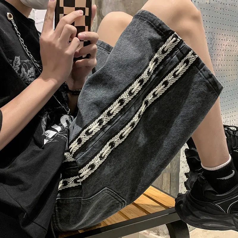 

Summer Thin Woven Denim orts for Men Retro Spor Five-Quarter Length Mid-Waist Straight Leg Casual Jeans Youth Trend