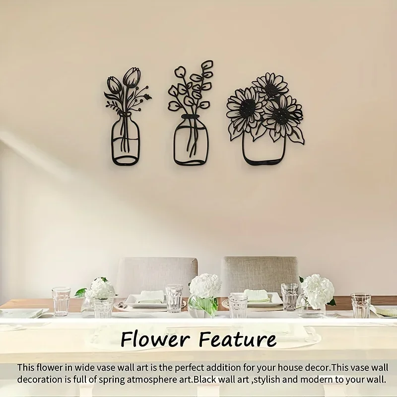 3pcs Metal Iron Flower Wall Decor, Simple Vase, Home Art Black Tulip Wire Decor Kitchen Bathroom Living Room Bedroom Study Porch