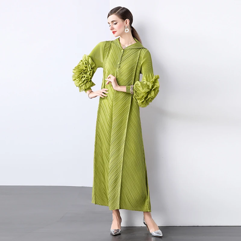 Miyake Pleated Fashion Long Dress 2024 New Elegant Autumn Women Lapel Collar Single Breasted Petal Sleeve Party Maxi Clothes