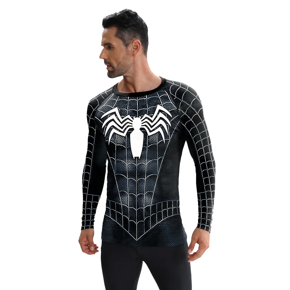 ผู้ชายชุดแมงมุมฟิตเนสวิ่งเสื้อคอสเพลย์การ์ตูนแมงมุมพิมพ์เครื่องแต่งกายเสื้อแขนยาวเสื้อบีบอัด Sportwear