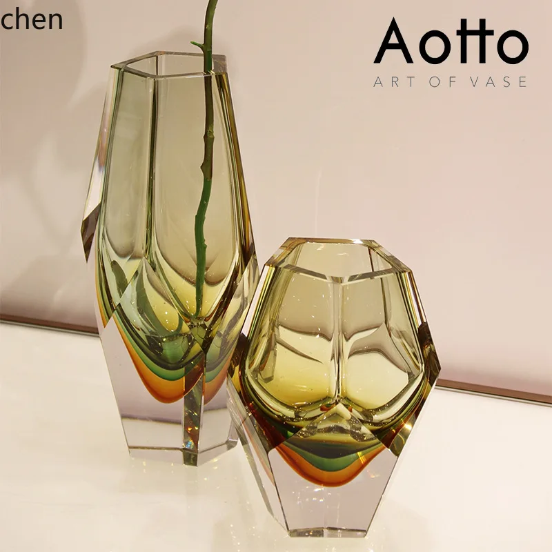 YFY  Thickened Large Simple Glass Vase Living Room Hydroponic Flower Arrangement Geometric Transparent Flower Container Home