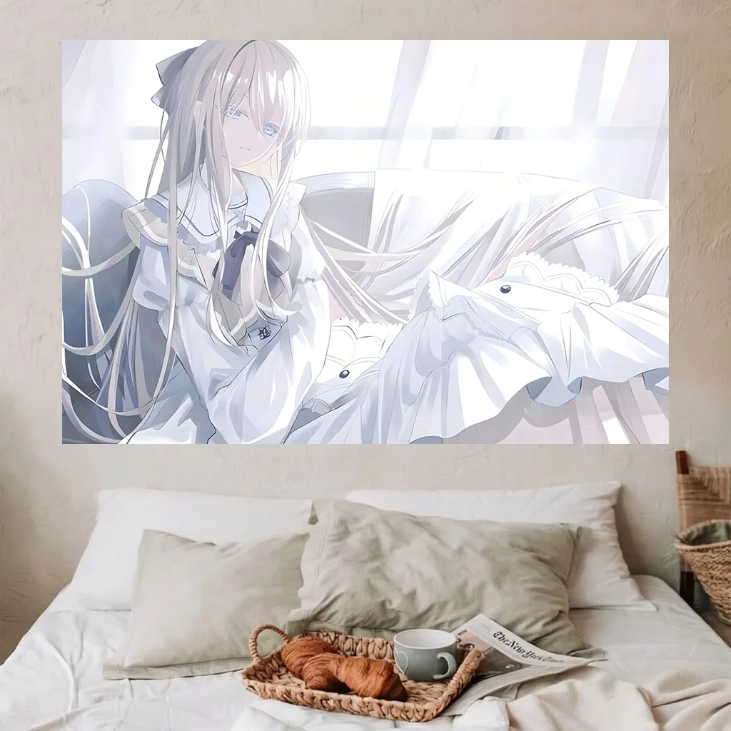 Silver Long Hair Lolita Maid Girl Window Sofa Scene Manga Print Wall Hanging Dorm Bedroom Home Background Decoration Cloth