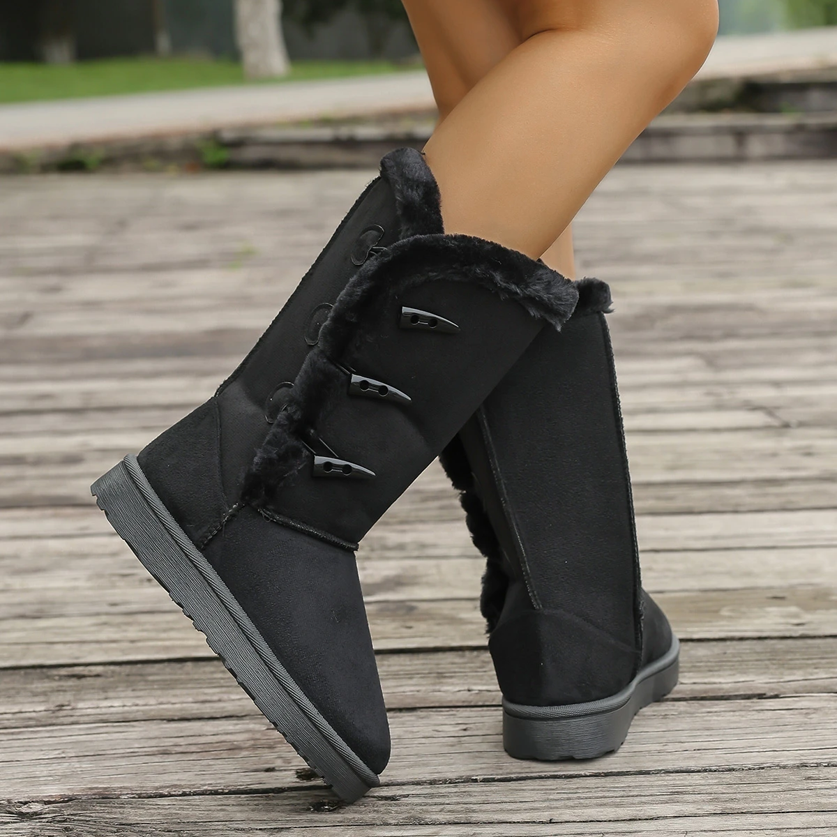 Damen Schneestiefel Winter Halbstiefel Warme Baumwollschuhe Mode Einfarbige Knopf-Stiefel für Damen Braune Lange Stiefel Übergröße 36-42 – Detail 10