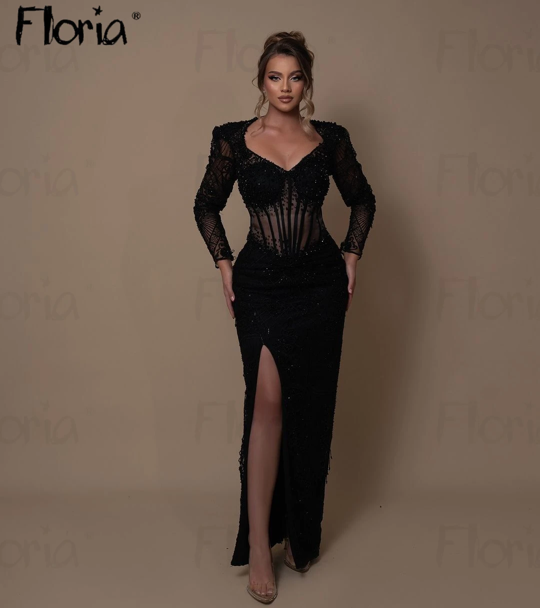 Floria Muslim Long Sleeve Black Evening Dress Dubai Sparkly Beaded Side Slit Party Gowns Mermaid Formal Prom Gowns فساتبن سهرة ف