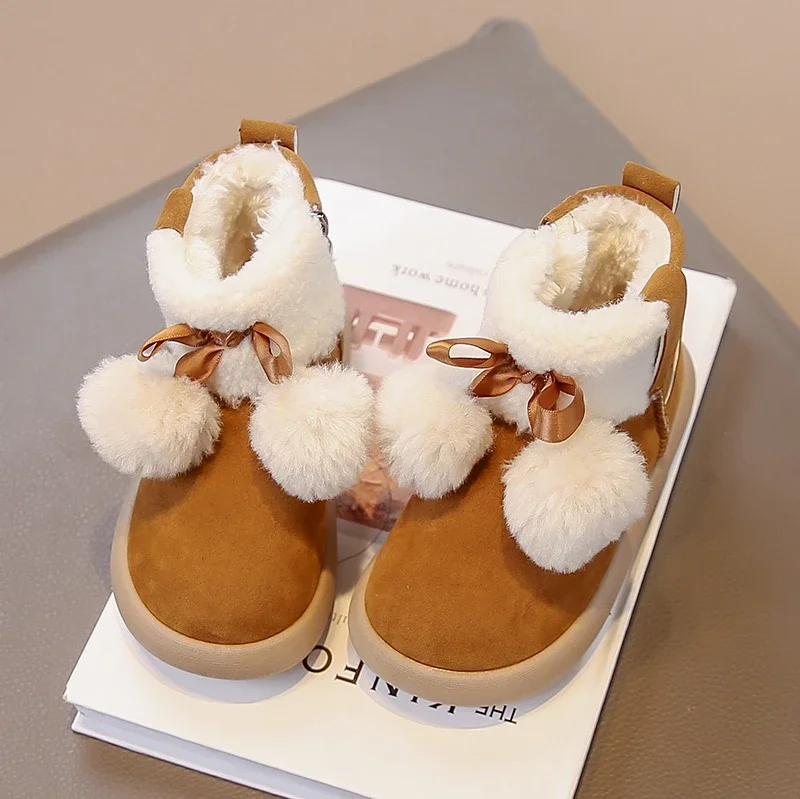 Kids Short Boots Sweet Fluffy Fur Girls Princess Boots Suede Warm 2025 Winter New Children Ankle Boots Soft Bottom Non-slip