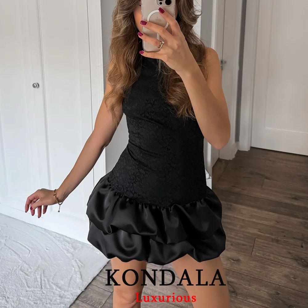 KONDALA Sexy Chic Schwarz Spitze Patchwork Rüschen Mini Kleid Frauen Ärmellose Mantel Party Kleid Mode 2025, Abendkleid