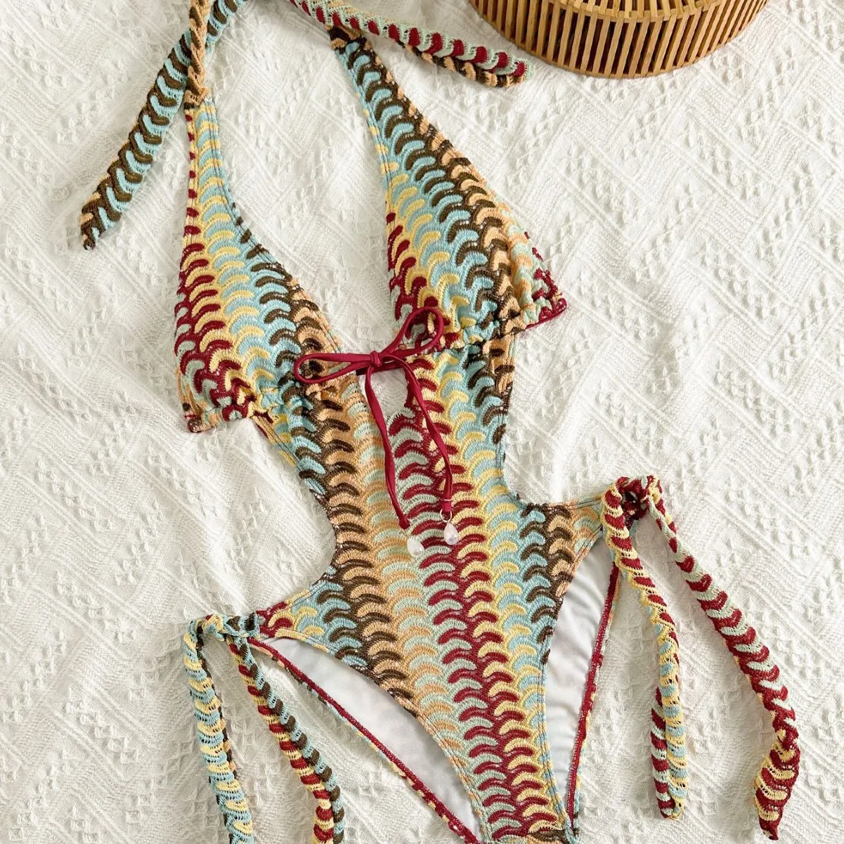 New Women Wave Print One Piece Swimsuit Deep V Neck Halter Cutout Side Tie Tassel Vintage Striped Summer Beach Monokini Swimwear