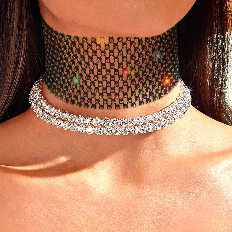 Europe And The United States New Collar Fishnet Rhinestone Personality Trend Necklace Hollow Exaggerated Punk Choker