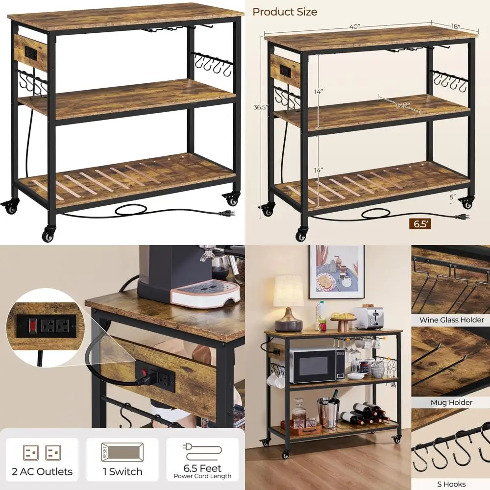 3-Tier Rolling Kitchen Cart with Storage and Power Outlet, Microwave Stand with Food Pads for Kitchen Organization