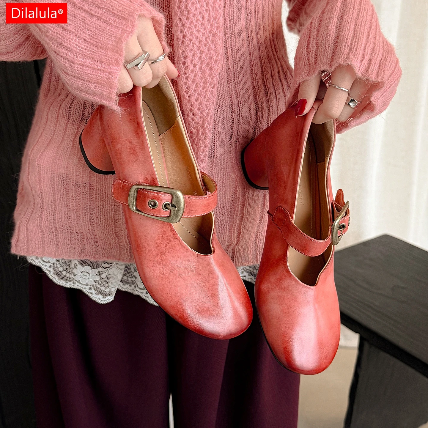

Dilalula 2026 Plus Size Vintage Genuine Leather Mary Janes Shoes Women Med Heels Buckle Up Office Lady Heels Party Dating Shoes